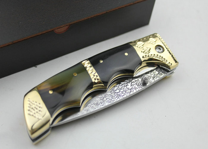 High Quality Pattern Steel Folding Knife Collection Knife with Ox horn Handle UDTEK01215
